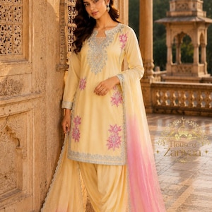 Pakistani Yellow Party Wear Salwar Kameez with Dupatta for Women, Designer Sharara Suit, Indian Ethnic Suit, Pakistani Suits,Top-Palazzo set image 4