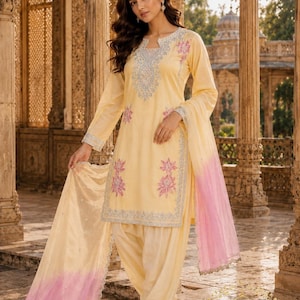 Pakistani Yellow Party Wear Salwar Kameez with Dupatta for Women, Designer Sharara Suit, Indian Ethnic Suit, Pakistani Suits,Top-Palazzo set image 1