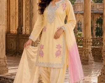 Pakistani Yellow Party Wear Salwar Kameez with Dupatta for Women, Designer Sharara Suit, Indian Ethnic Suit, Pakistani Suits,Top-Palazzo set