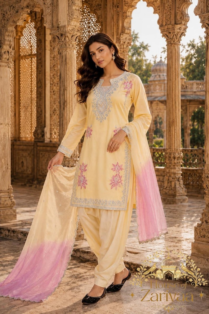 Pakistani Yellow Party Wear Salwar Kameez with Dupatta for Women, Designer Sharara Suit, Indian Ethnic Suit, Pakistani Suits,Top-Palazzo set image 1
