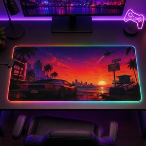 LED Gaming Desk Mat Sunset City Vibes, Large RGB Mousepad, Neon Setup Mat, Synthwave Desk Pad, Video Game Room Accessories, Gift for Gamers