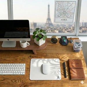Könnte beinhalten: Ein Schreibtisch aus Holz mit einem All-in-One-Computer auf einem Monitorständer, einer weißen Tastatur, einer weißen Maus auf einem Mauspad mit Eiffelturm-Grafik, einer Topfpflanze, einer Uhr, einem Smartphone auf einem Ladegerät, einem Stift und einem braunen Notizbuch.