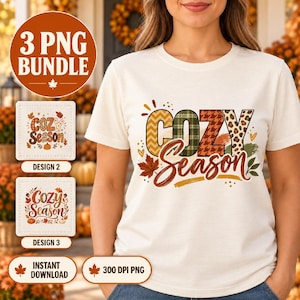 Cozy Season PNG, Patchwork Fall Typography Sublimation Design with Pumpkins and Autumn Leaves