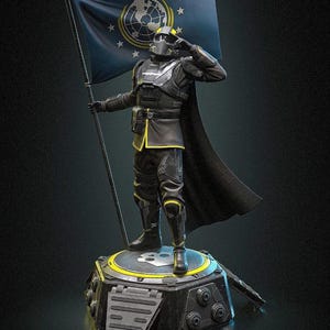 May include: A detailed figurine of a soldier in black and yellow tactical armour, wearing a helmet and cape, standing on a circular base. The soldier holds a large blue flag featuring a circular emblem with stars and a globe, while saluting.