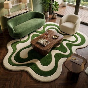 Green Abstract Area Rug, Cream Tufted Rug, Modern Organic Shape Carpet, Contemporary Living Room Rug