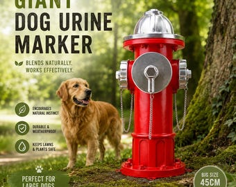 May include: A bright red fire hydrant-shaped dog urine marker with a silver metallic top and side caps. The product features text reading GIANT DOG URINE MARKER, BLENDS NATURALLY. WORKS EFFECTIVELY., ENCOURAGES NATURAL INSTINCT, DURABLE & WEATHERPROOF, KEEPS LAWNS & PLANTS SAFE, PERFECT FOR LARGE DOGS, and BIG SIZE 45CM TALL.