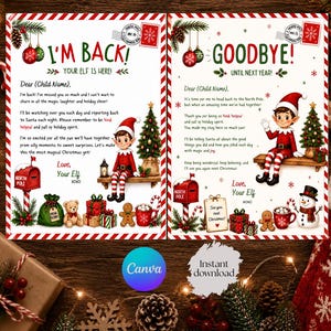 May include: Two printable Christmas elf letters featuring red and green borders. The left letter reads I'M BACK! and the right letter reads GOODBYE! UNTIL NEXT YEAR! Both include illustrations of an elf, a mailbox, gifts, and a snowman.