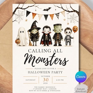 Może przedstawiać: Zaproszenie na imprezę Halloween z pięcioma postaciami z kreskówek: duchem, czarownicą, wampirem, potworem Frankensteina i szkieletem. Tekst brzmi: CALLING ALL Monsters PLEASE JOIN US FOR A HALLOWEEN PARTY SOBOTA 30 PAŹDZIERNIKA 2026 GODZINA 14:00.