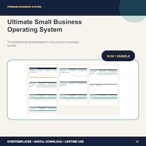 Peut inclure: Un affichage de produit numérique intitulé Ultimate Small Business Operating System, comprenant 10 feuilles de calcul professionnelles dans un pack premium. Le graphique inclut un badge 10 IN 1 BUNDLE et des aperçus de mises en page.