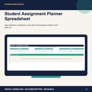 Peut inclure: Une feuille de calcul numérique de planification des devoirs d'étudiant affichée sur un écran d'ordinateur. L'interface comprend des sections pour les devoirs, les tâches terminées et les dates limites, avec le texte Student Assignment Planner.