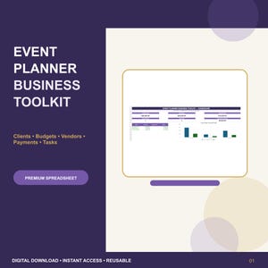 Peut inclure: Un tableau de bord de feuille de calcul numérique Event Planner Business Toolkit présentant des tableaux de données et des graphiques à barres pour suivre les clients, budgets, fournisseurs, paiements et tâches. Design violet et blanc.