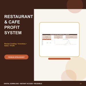 Peut inclure: Un modèle de feuille de calcul numérique intitulé Restaurant & Cafe Profit System. Le graphique présente un aperçu du tableau de bord avec des tableaux de données et un graphique linéaire, ainsi que du texte listant les fonctionnalités.