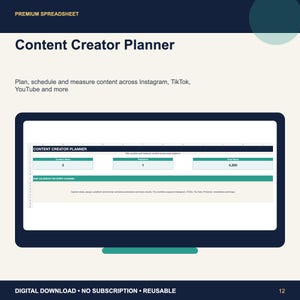 Peut inclure: Un tableur numérique de planification pour créateurs de contenu affiché sur un écran d'ordinateur. L'interface présente des sections pour les idées de contenu, les publications et les vues totales, avec les titres Premium Spreadsheet et Content Creator Planner.