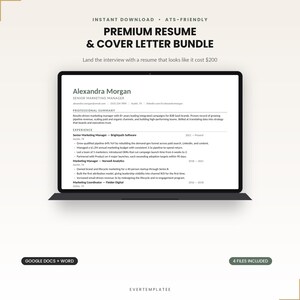 Peut inclure: Un affichage numérique d'un modèle de CV et de lettre de motivation sur un écran d'ordinateur portable. Le document présente le nom Alexandra Morgan, Senior Marketing Manager, avec des sections expérience et résumé professionnel. Labels inclus.