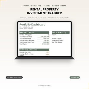 Peut inclure: Un outil de suivi d'investissement immobilier locatif numérique affiché sur un écran d'ordinateur portable. L'interface présente un tableau de bord de portefeuille avec des sections pour les totaux, les moyennes et les journaux mensuels.