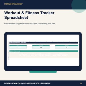 Peut inclure: Une feuille de calcul numérique de suivi d'entraînement et de fitness affichée sur un écran d'ordinateur. L'interface comprend des sections pour suivre les séances, les minutes totales et les sessions terminées, avec le texte "Consistency Over Perfection".