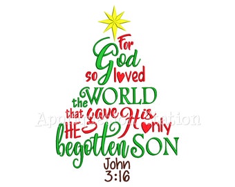 John 3:16 Word Art Christmas Tree Machine Embroidery Designs winter for God so loved the world Bible Verse INSTANT DOWNLOAD