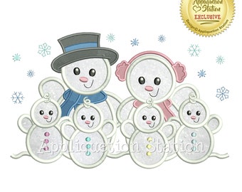 Snowman Family 4 Children Applique Machine Embroidery Design Boy Girl Kids Grandkids Grandparents Christmas Holiday INSTANT DOWNLOAD