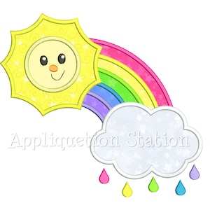 May include: A yellow sun with a smiling face, a rainbow with pink, red, orange, yellow, green, blue, and purple stripes, a white cloud with raindrops in pink, yellow, green, and blue.