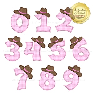 May include: Pink and brown cowboy hat numbers 0 through 9. Each number has a pink and white gingham pattern and a brown cowboy hat on top.