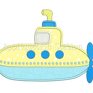 May include: A yellow submarine with blue portholes and a propeller. The submarine has a white window and a yellow periscope. The submarine is decorated with white stars and blue circles.