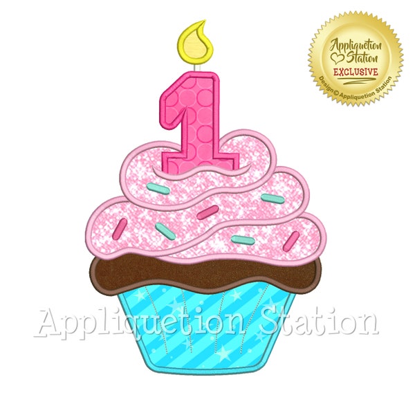 Birthday Cupcake Candle Number 1 Applique Machine Embroidery Design dessert cake one first 1st party INSTANT DOWNLOAD