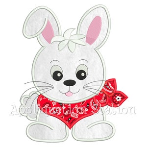 May include: White bunny with pink ears and a red bandana with a paisley pattern. The bunny is sitting with its legs crossed and has a happy expression on its face.