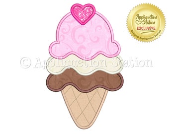 Triple Ice Cream Cone Applique Machine Embroidery Design pink Cherry Dessert INSTANT DOWNLOAD