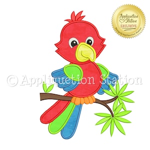 May include: A red, green, and blue parrot with a yellow beak perched on a brown branch with green leaves. The parrot has large, black eyes and a friendly expression. The image is a digital embroidery design.