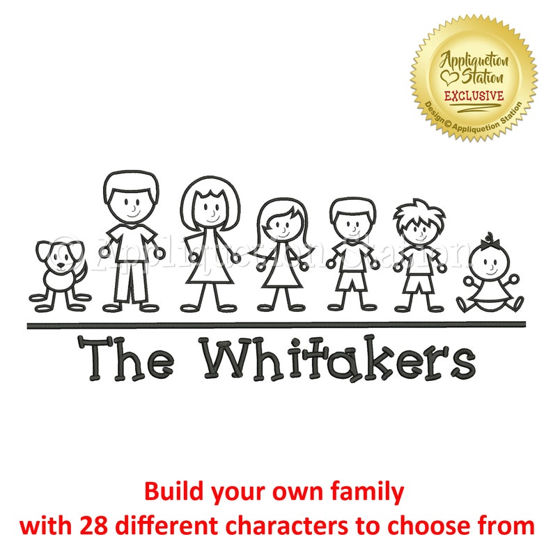 May include: Black and white stick figure family illustration with a dog. The family includes a dad, mom, three children, and a baby. The text "The Whitakers" is below the family. The text "Build your own family with 28 different characters to choose from" is below the family.