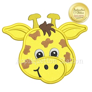 May include: A yellow giraffe head with brown spots and a brown nose. The giraffe has big, round eyes and a friendly smile. The image is an embroidery design.