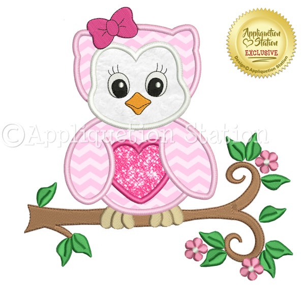 Feather Baby Owl with Bow Branch Applique Machine Embroidery Design Zoo Woodland Bird Cute Animal Girl  INSTANT DOWNLOAD