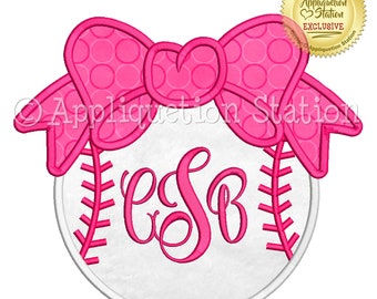 Baseball with Bow For Monogram Applique Machine Embroidery Design Spring Sports INSTANT DOWNLOAD
