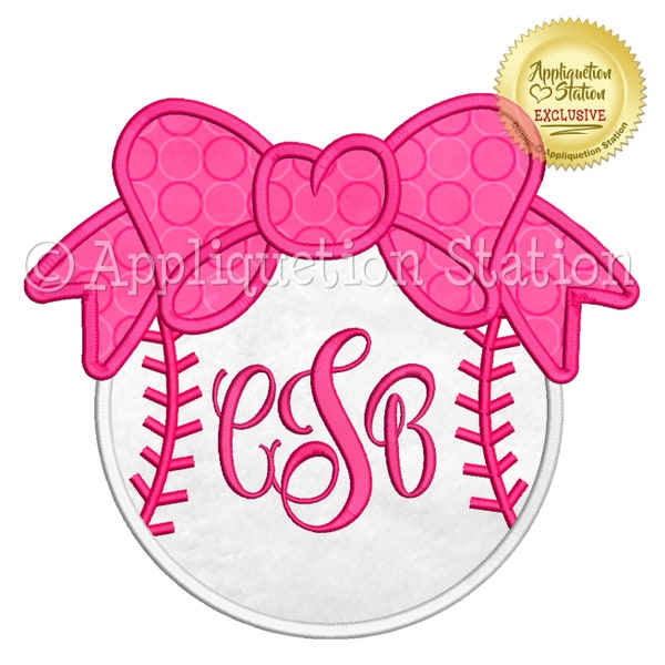 Baseball with Bow For Monogram Applique Machine Embroidery Design Spring Sports INSTANT DOWNLOAD