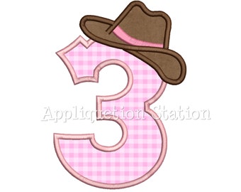 Number Three Cowgirl Hat 3rd Birthday Applique Machine Embroidery Design boy third INSTANT DOWNLOAD