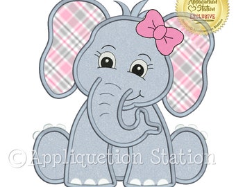 Applique Elephant Machine Embroidery Design Zoo Baby Girl with Bow Jungle Cute Safari animal INSTANT DOWNLOAD