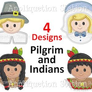 May include: Four embroidery designs featuring Pilgrim and Native American children. The designs include a Pilgrim girl wearing a blue bonnet and a white dress, a Pilgrim boy wearing a gray hat and a white shirt, a Native American girl with black hair and a red and yellow headdress, and a Native American boy with black hair and a red and yellow headdress.