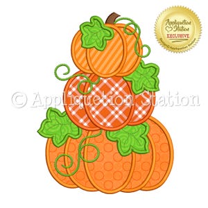 Pumpkin Stack Applique Machine Embroidery Design Trio 3 with Vines Country INSTANT DOWNLOAD