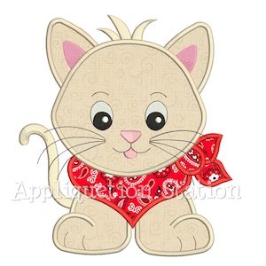 May include: A beige cat with a red bandana around its neck. The cat is sitting with its legs crossed and has a happy expression on its face.