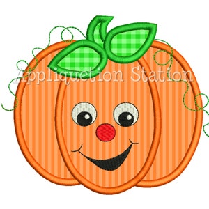 May include: A smiling orange pumpkin with a green stem and leaves. The pumpkin has a striped pattern and a red nose.