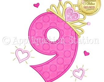 Princess Tiara #9 Applique Machine Embroidery Design Birthday crown number nine ninth 9th INSTANT DOWNLOAD