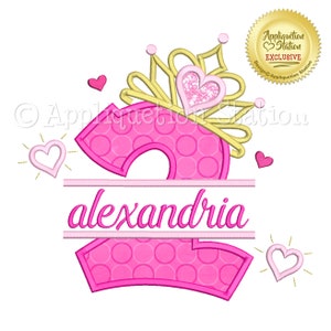 May include: Pink number two with a gold crown and pink hearts. The name "alexandria" is written below the number.