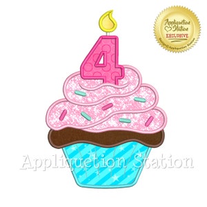 May include: A digital graphic of a cupcake with pink frosting, sprinkles, and a number 4 candle. The cupcake has a blue and white striped base. The text "Appliquation Station" is at the bottom.
