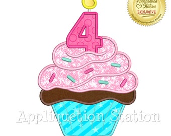 Birthday Cupcake Number 4 Applique Machine Embroidery Design dessert cake four fourth 4th party INSTANT DOWNLOAD