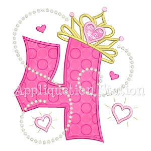 May include: Pink number four with a white polka dot pattern and a gold crown with a pink heart on top. The number is surrounded by a string of white pearls and pink hearts.