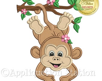 Applique Monkey Hanging Machine Embroidery Design Zoo Baby Branch Girl Jungle Safari Boy Cute animal INSTANT DOWNLOAD