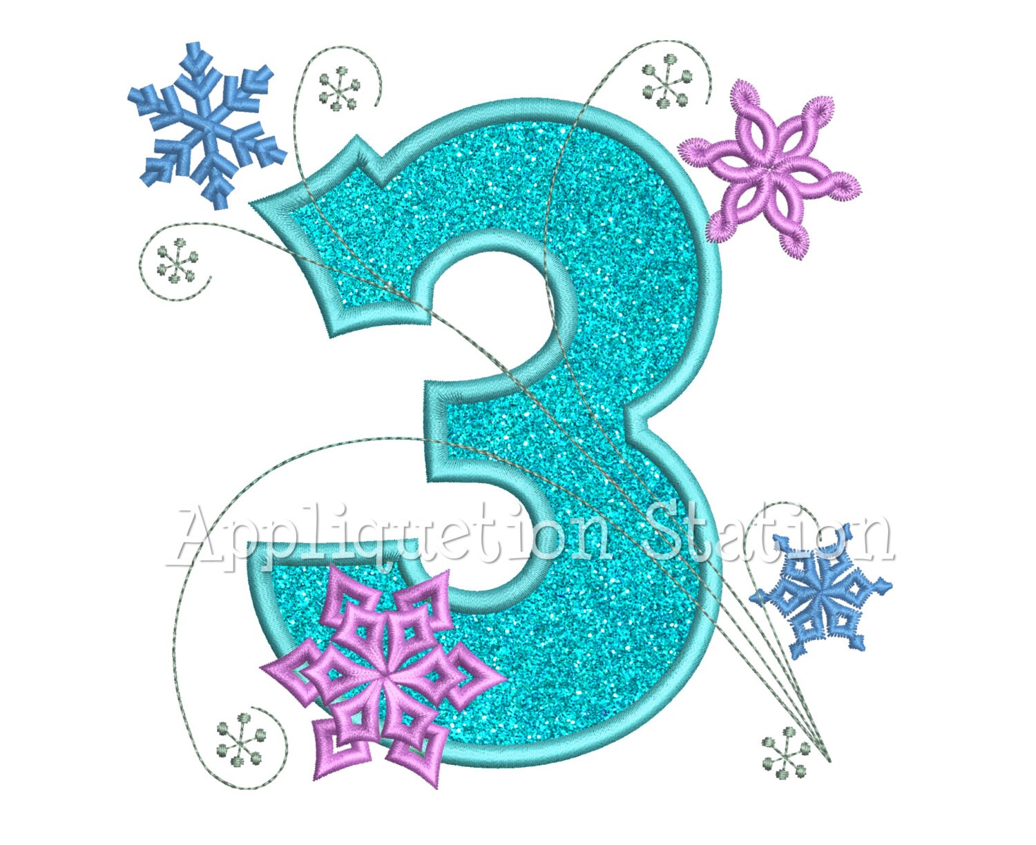 Three Number Snow Snowflakes Number Three 3rd Birthday Applique Machine Embroidery Design ...