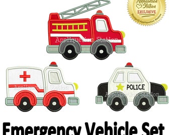 Set di applicazioni per ricamo a macchina con veicoli di emergenza: ambulanza, camion dei pompieri, auto della polizia. DOWNLOAD IMMEDIATO.