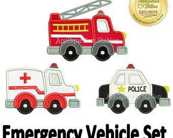 Emergency Vehicle Set Applique Machine Embroidery Design boy ambulance, fire engine truck, police car INSTANT DOWNLOAD