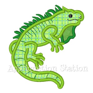 May include: Green iguana applique design with a checkered pattern. This design is perfect for embroidery projects.